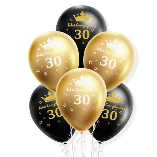Set de Globos Latex Dorado Cromado y Negro Feliz Cumpleaños 18 30 40 50 60 años 6 uds