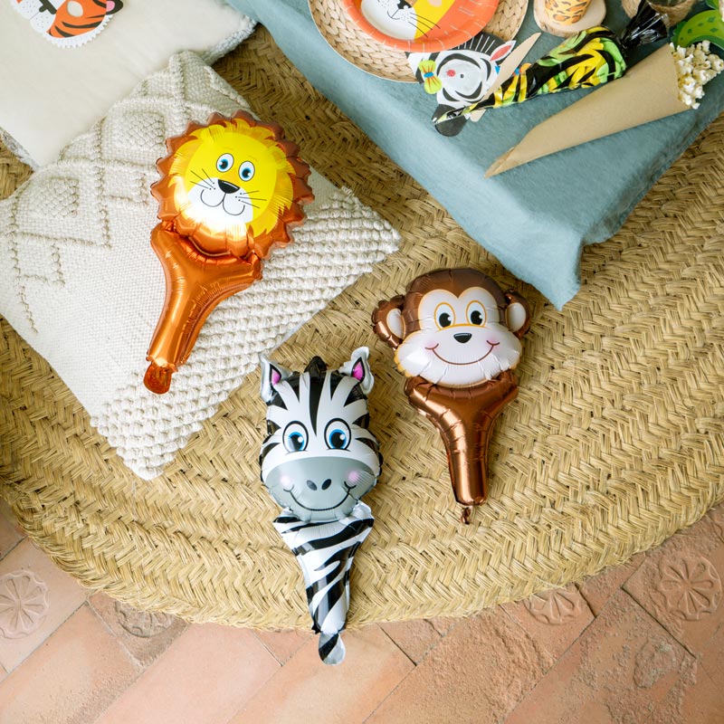 Globos Mano Foil Animales Jungle Mono Leon Jirafa Cebra 4 uds
