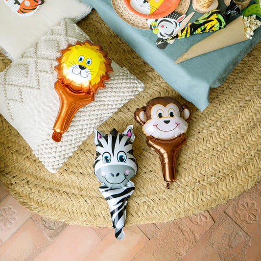 Globos Mano Foil Animales Jungle Mono Leon Jirafa Cebra 4 uds