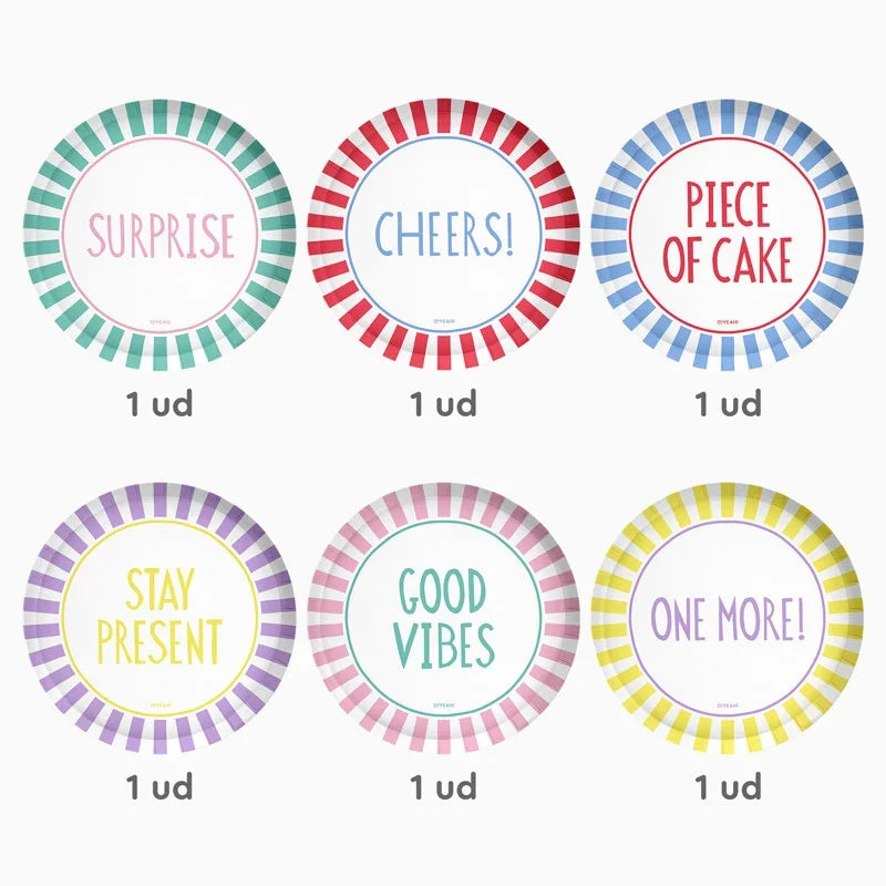 Platos de Cartón Happy Vibes, Colores Surtidos, 6 uds