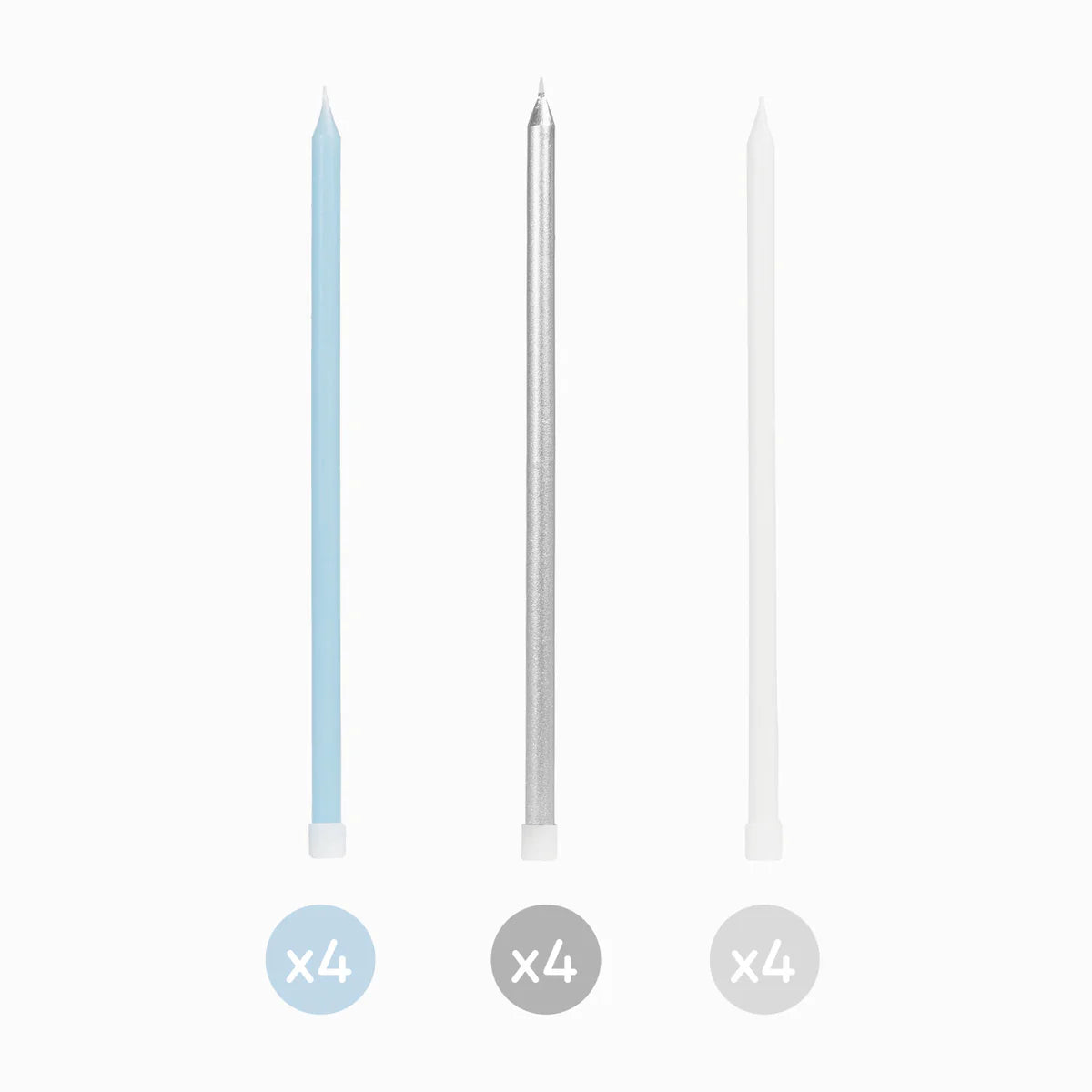 Velas Extralargas Plata Blanco y Azul 12 uds