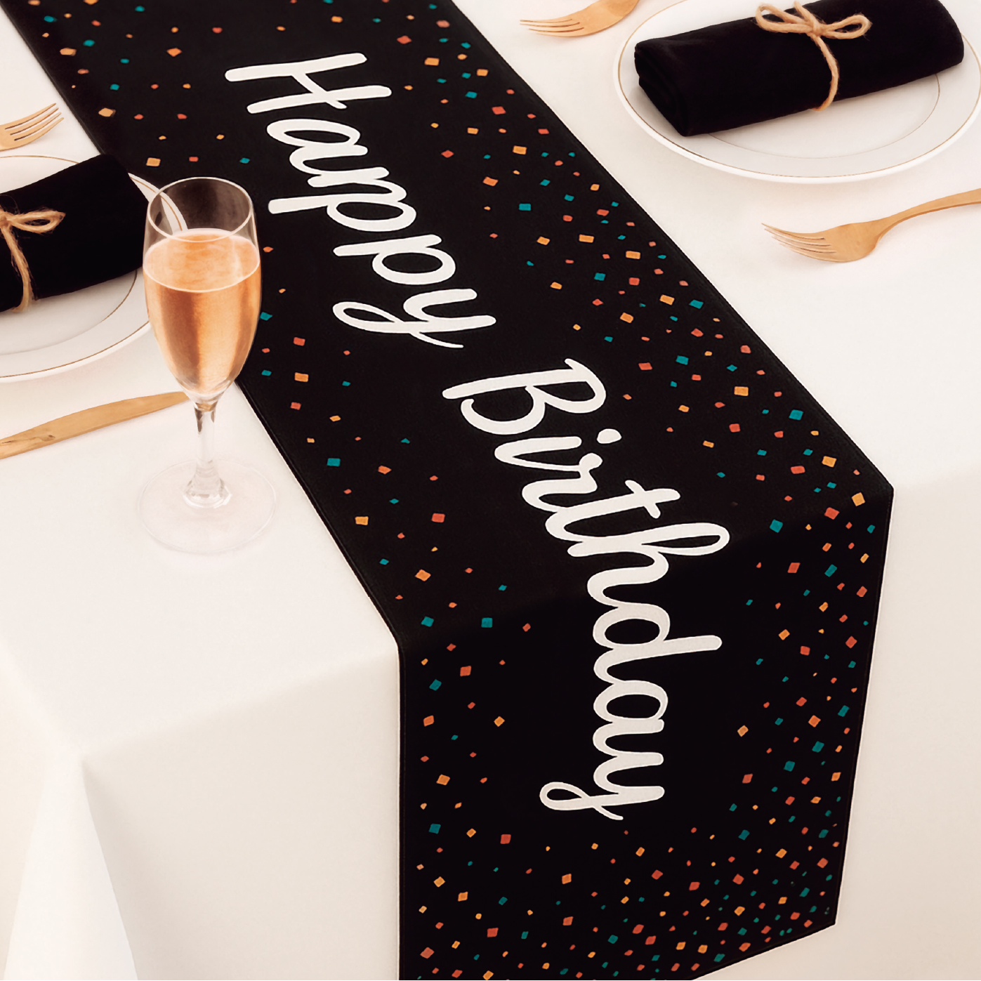 Camino De Mesa Happy Birthday Negro 183*33cm