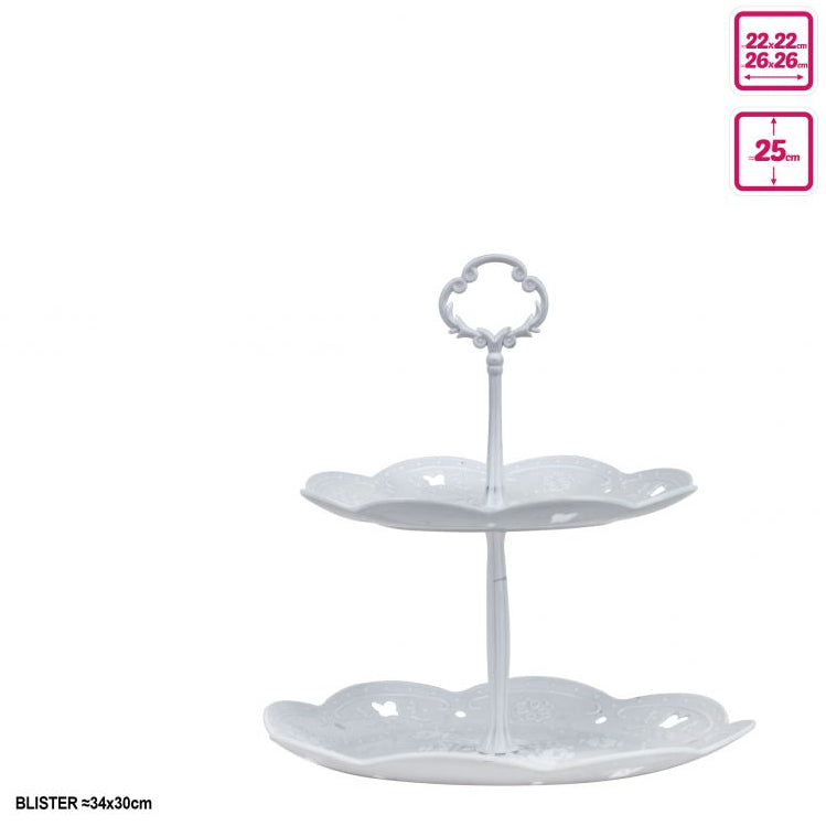 Expositor Plástico Blanco Redondo 2 Pisos | Bandejas 26+22cm H25cm