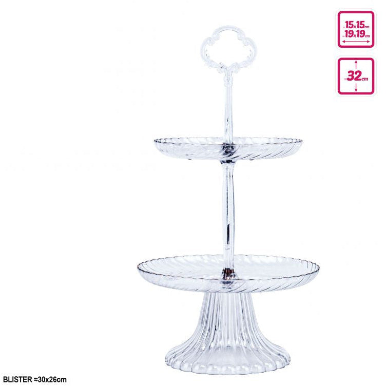 Expositor Plástico Redondo 2 Pisos con Pie | Bandejas 19+15cm H32cm
