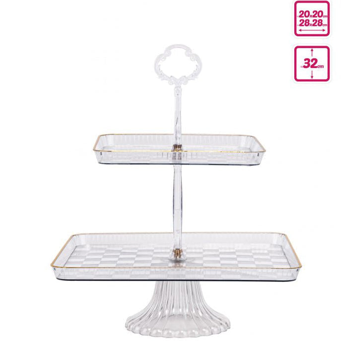 Expositor Plástico Cuadrado 2 Pisos con Pie | Bandejas 28+20cm H32cm