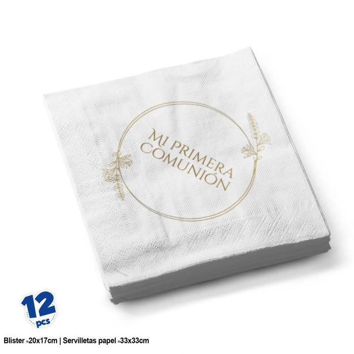Servilletas Comunión Circular Marco Ramas Oro 12 uds