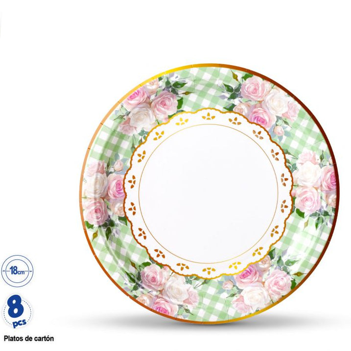 Plato Patrón Verde con Rosas 18cm 8 uds