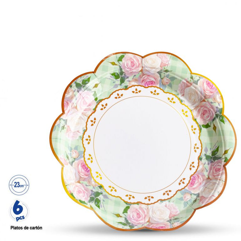 Plato Patrón Verde con Rosas 23cm 6 uds