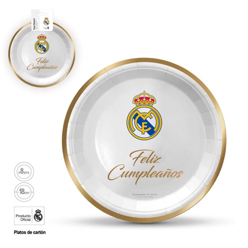 Plato Real Madrid Feliz Cumpleaños Dorado 18cm 8 uds