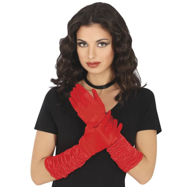 Guantes Largos Rojos Arrugados 40 cm Disfraz Halloween Carnaval Adulto