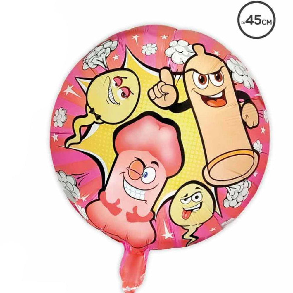 Globo Foil Redondo Pene Preservativo y Espermatozoides 45 cm