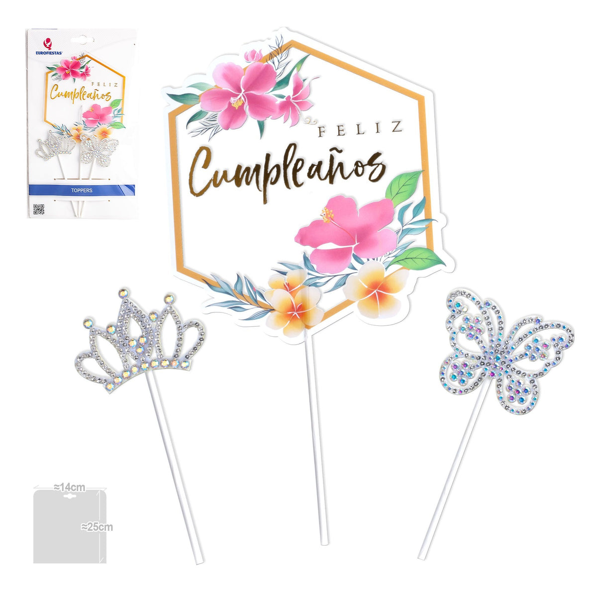 Set Toppers Feliz Cumpleaños Hexágono Floral, Corona y Mariposa 3 uds