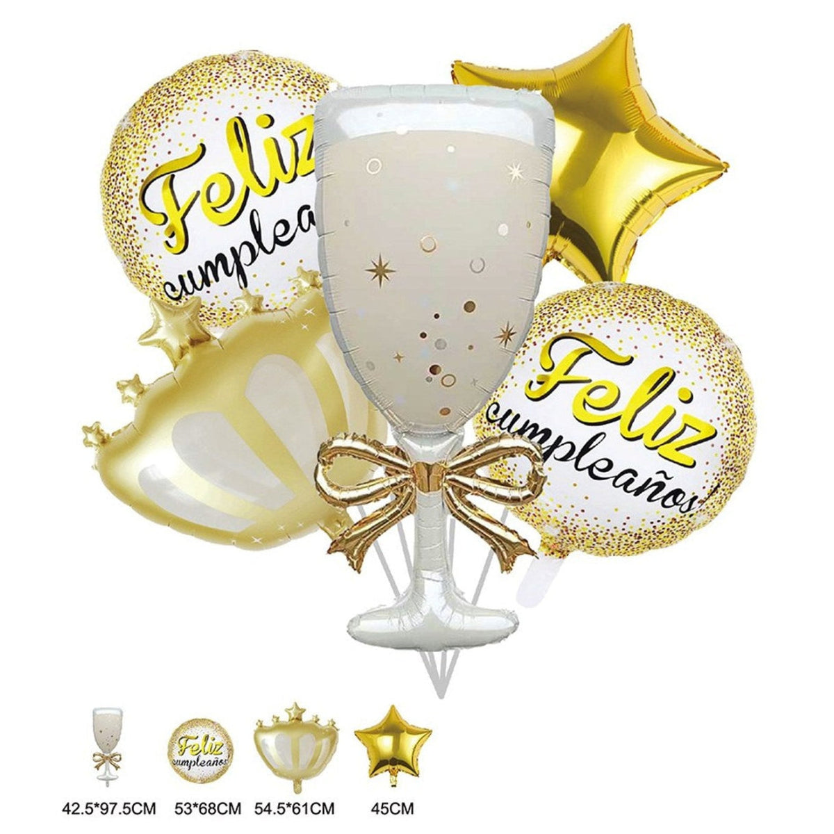 Set 5 Globos Foil Feliz Cumpleaños Copa de Champán Dorado