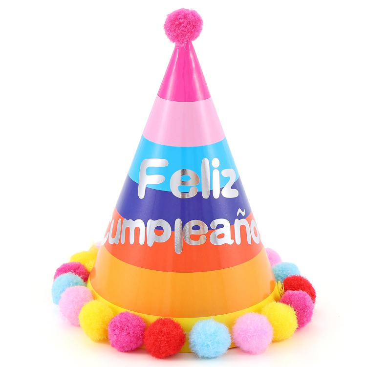 Gorro Feliz Cumpleaños Rayas Multicolor con Pompones 15.5x18.5cm