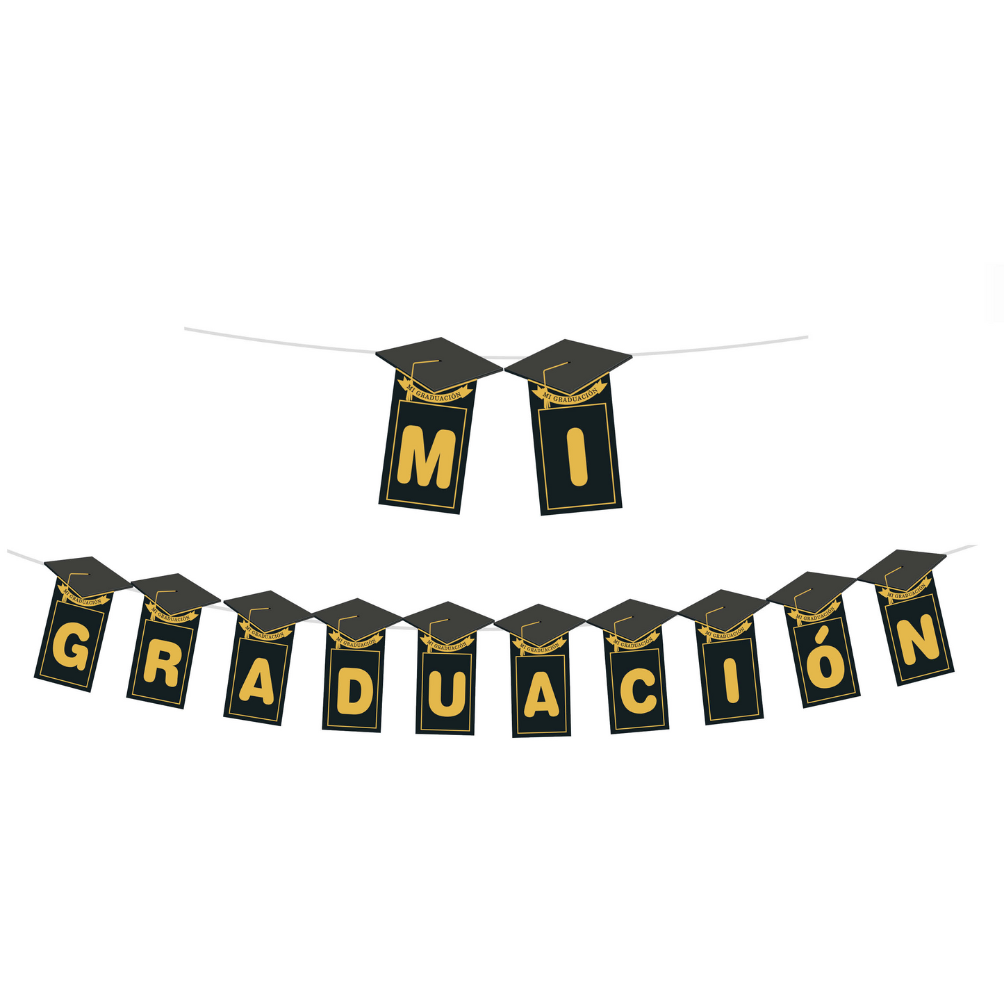Banderines Mi Graduacion Forma Birrete 3m Letras Doradas