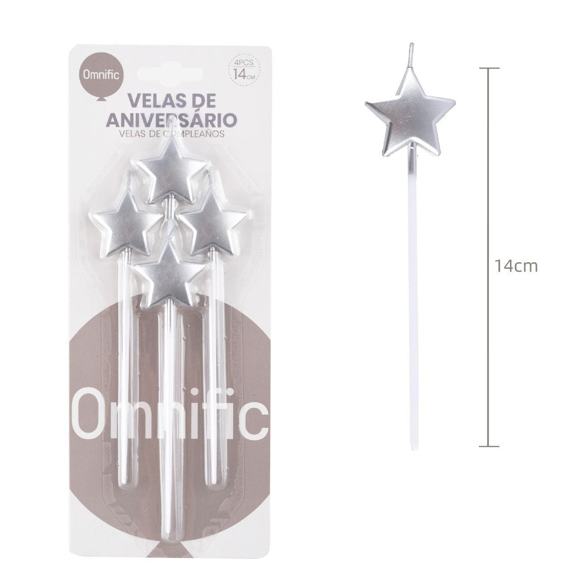 Velas Estrella Plateada con Palo Largo 4 uds 14 cm