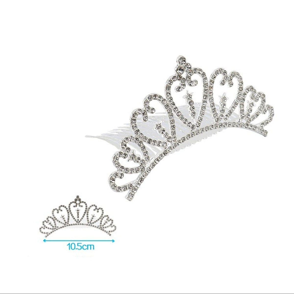 Corona Tiara de Metal Plateada con Strass y Corazones 10,5 cm