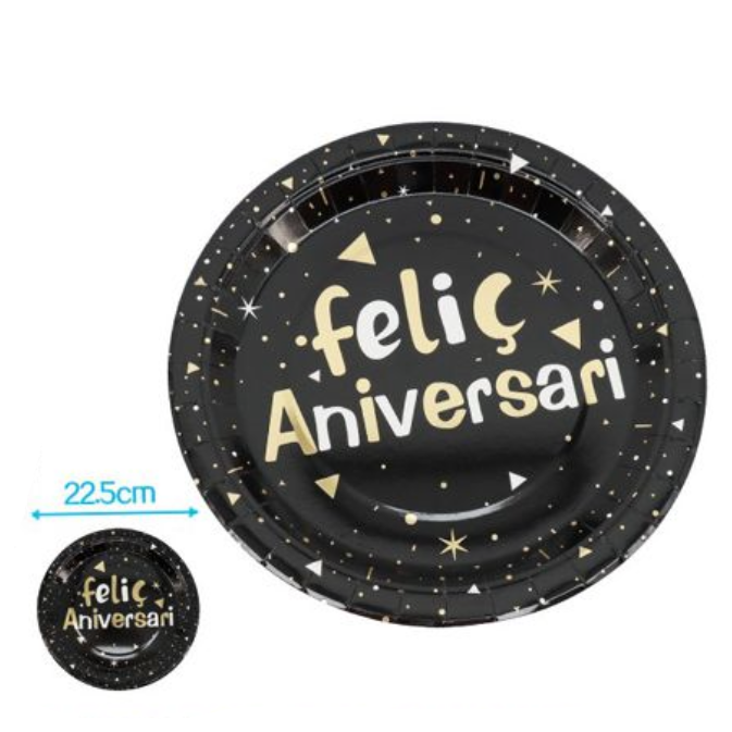 Plato Cartón Cumpleaños Negro y Dorado 17.5 cm / 23 cm | 6 uds