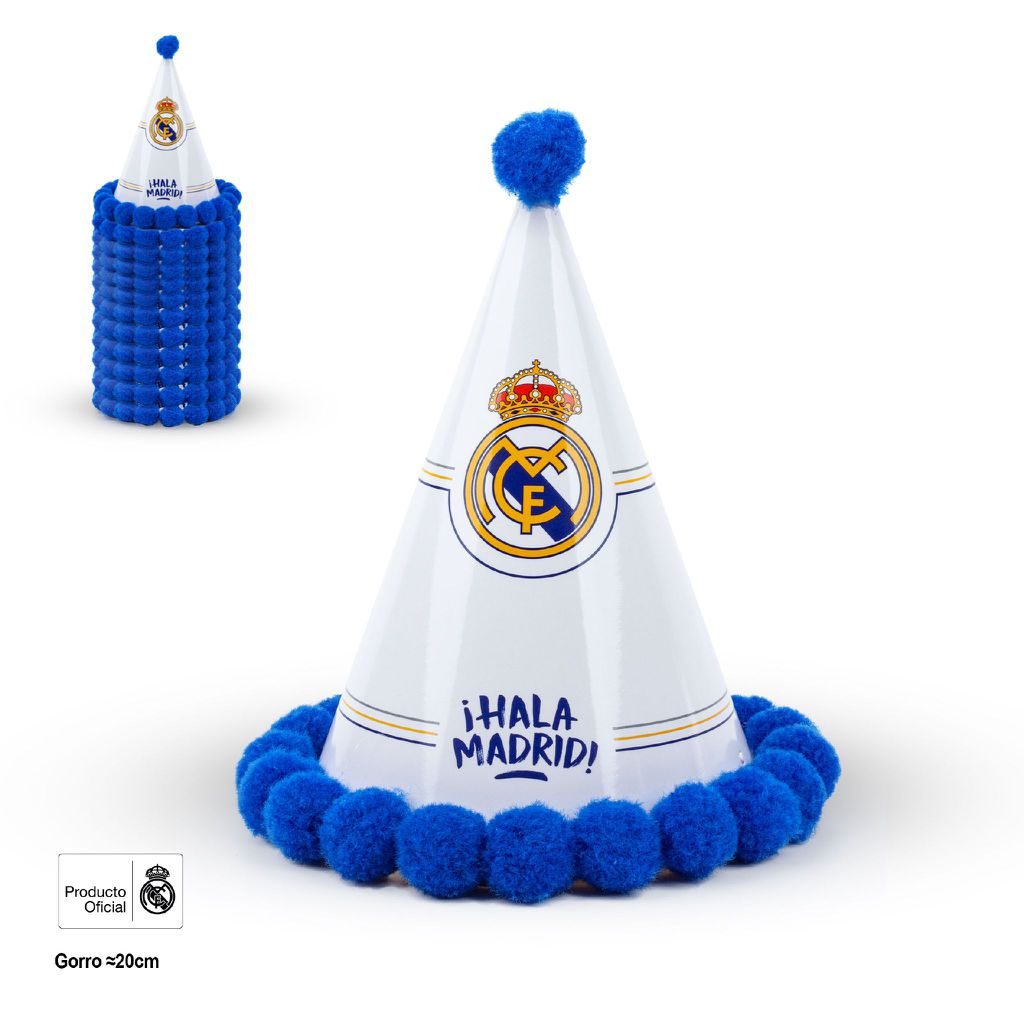 Gorro Fiesta Real Madrid Escudo ¡Hala Madrid! con Pompones 20 cm