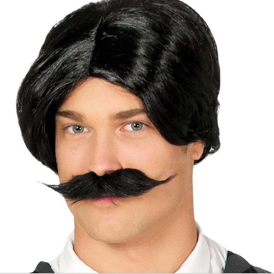 Peluca Negra con Bigote para Disfraces