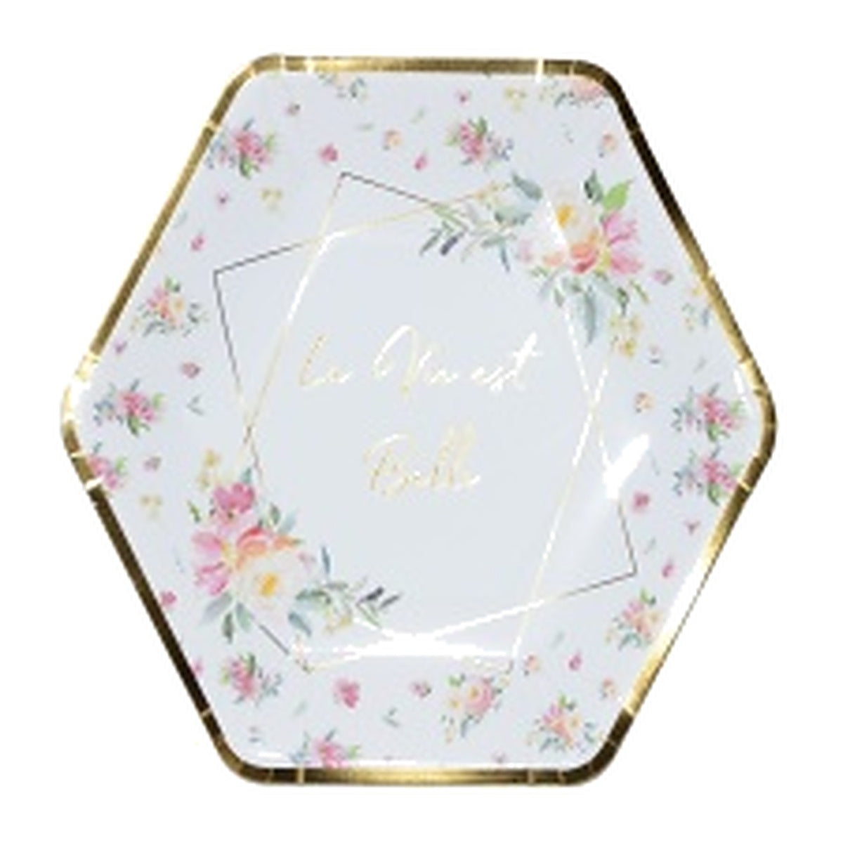 Platos de Cartón Hexagonales Flores Borde Dorado 23 cm 6 uds