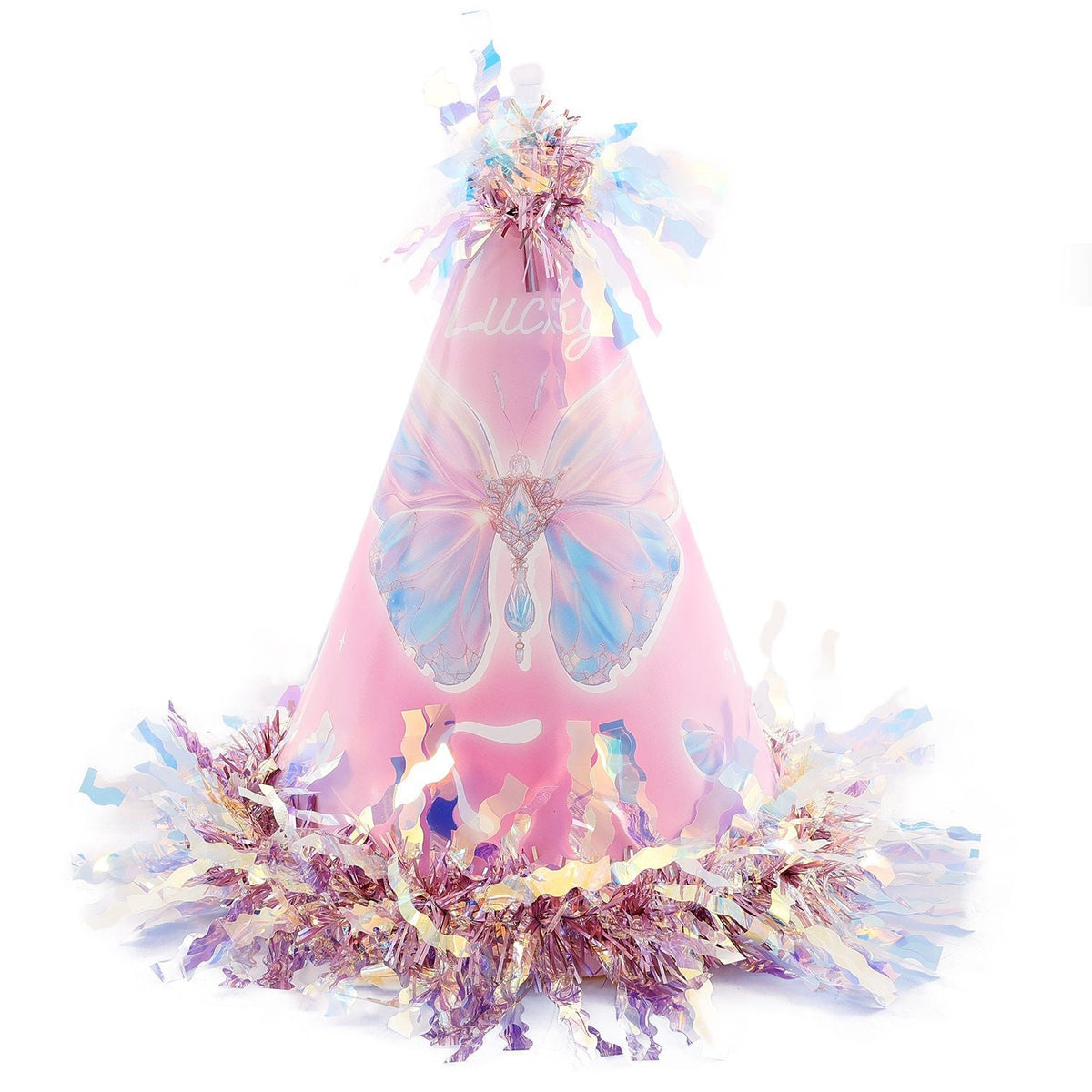 Gorro Mariposa Rosa con Espumillón Iridiscente 13 x 18,5 cm