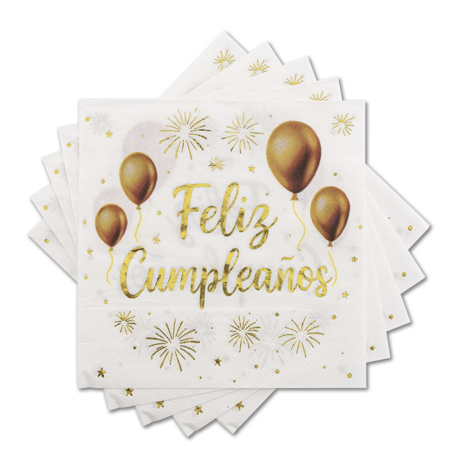 Servilletas Feliz Cumpleaños Oro Blanco 33x33cm 12uds