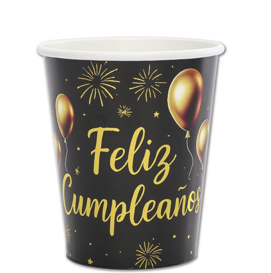 Vasos Papel FELIZ CUMPLE ORO NEGRO 250ml 6uds