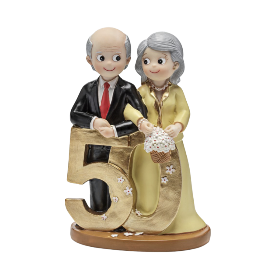 Figura Tarta Bodas de Oro Pareja con Número 50 Dorado 20 cm
