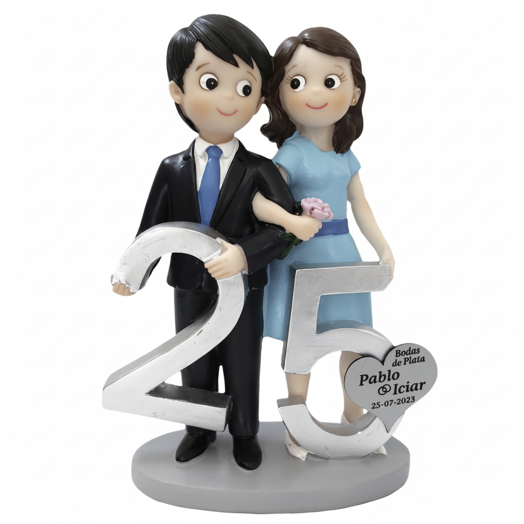 Figura Tarta Bodas de Plata 25 Aniversario con Placa Corazón Personalizada 19CM