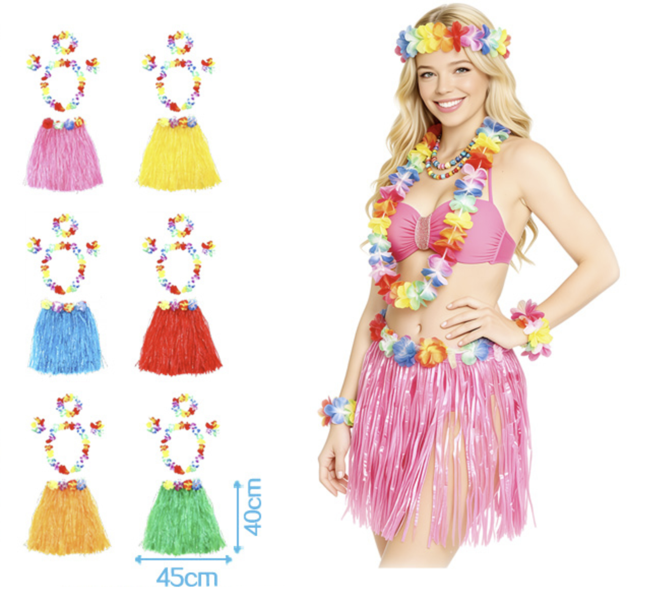 Set Hawaiano 4 piezas Falda Collar Pulsera y Guirnalda