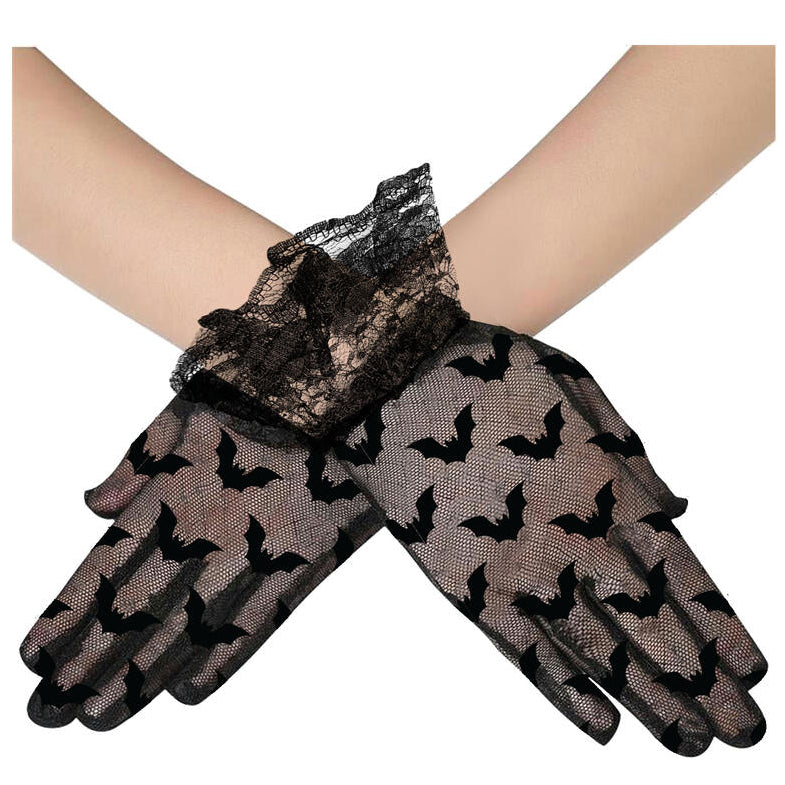 Guantes Encaje Negro con Murcielago Disfraz Halloween Gotico Talla Unica