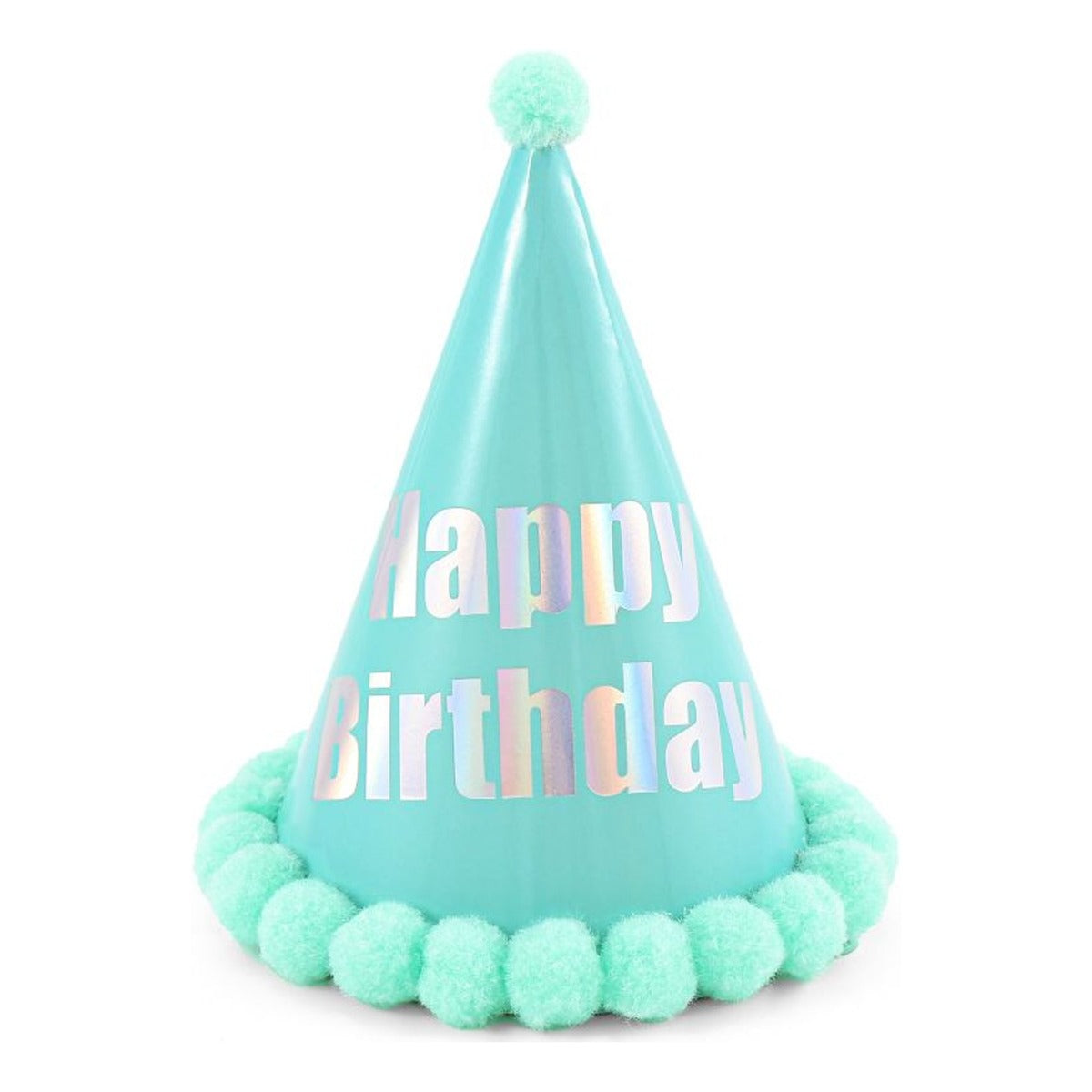 Gorro Happy Birthday Turquesa con Pompones 15,5 x 18,5 cm