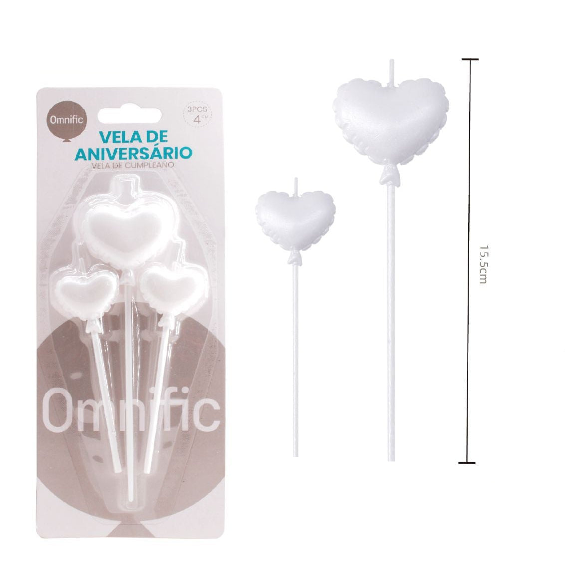 Velas Corazón Blanco con Palo Largo 3 uds 15,5 cm