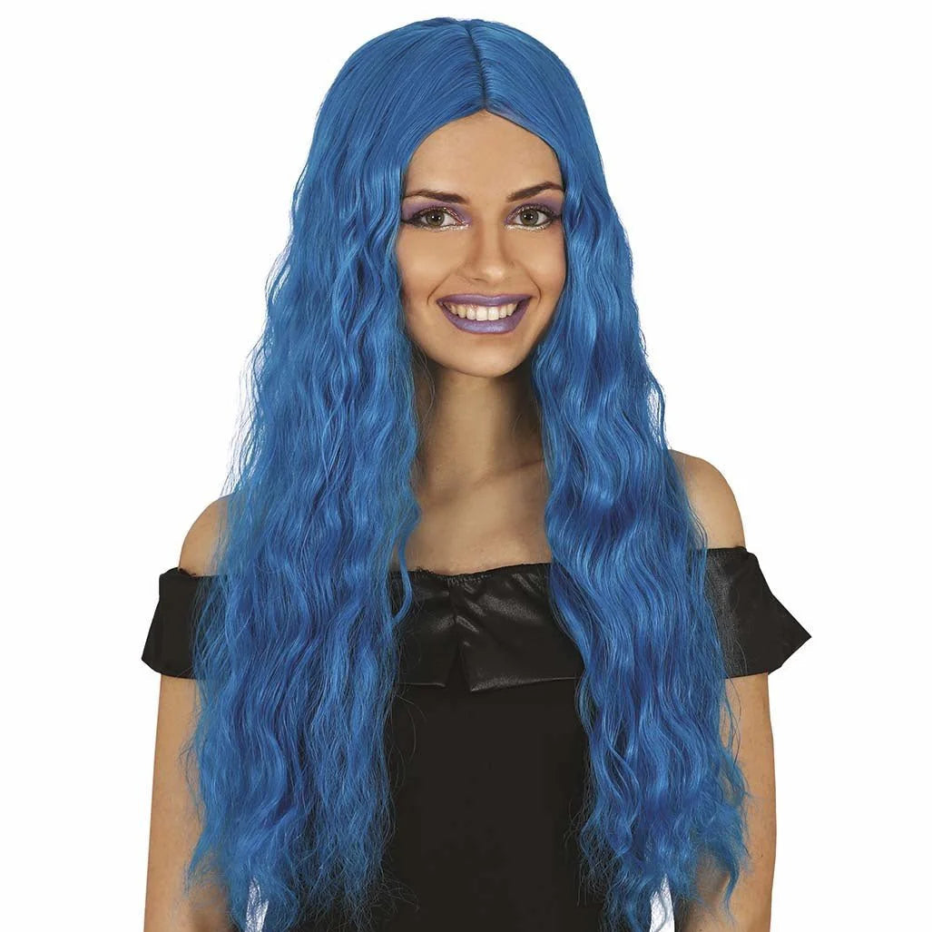 Peluca Azul Pelo Largo Ondulado Disfraz Halloween Carnaval Talla Unica