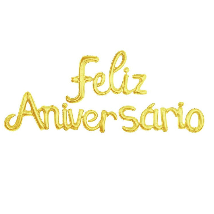 Pack Globo Mylar Feliz Aniversario Dorado 220 x 51 cm