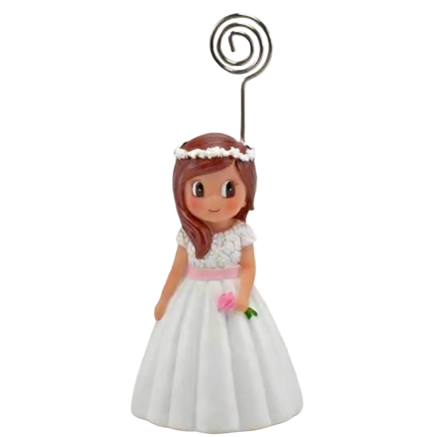 Sujeta-Tarjetas Niña Comunión Vestido Florecitas con Cruz 9cm| Figura Decorativa