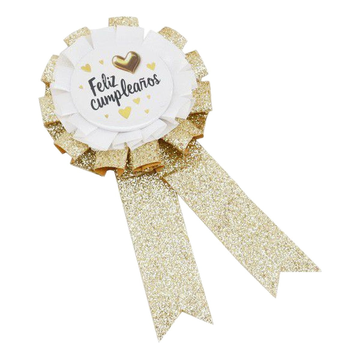 Escarapela Feliz Cumpleaños Dorada y Blanca con Purpurina 8 x 15,5 cm