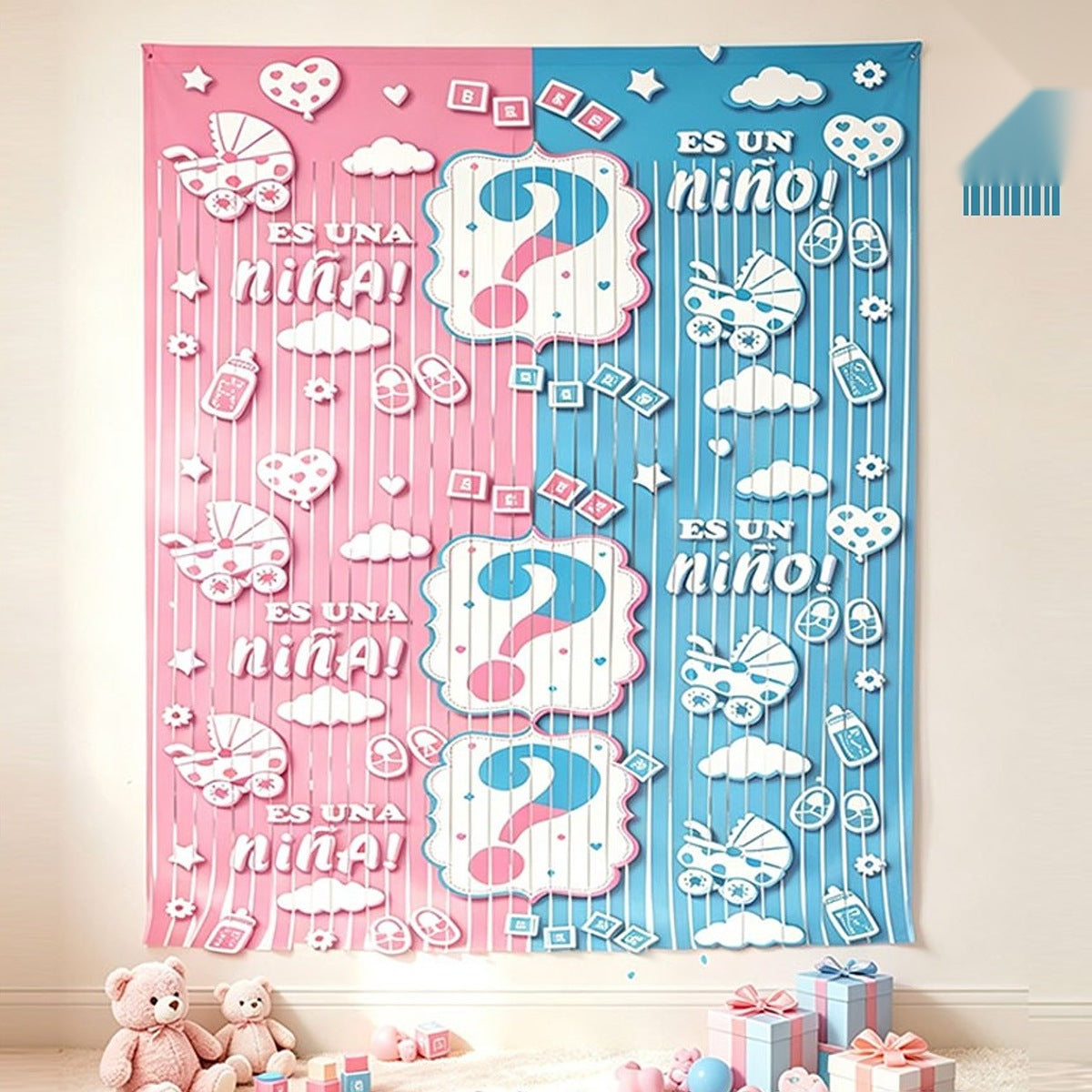 Cortina de Flecos Gender Reveal Rosa y Azul 1 x 2 m