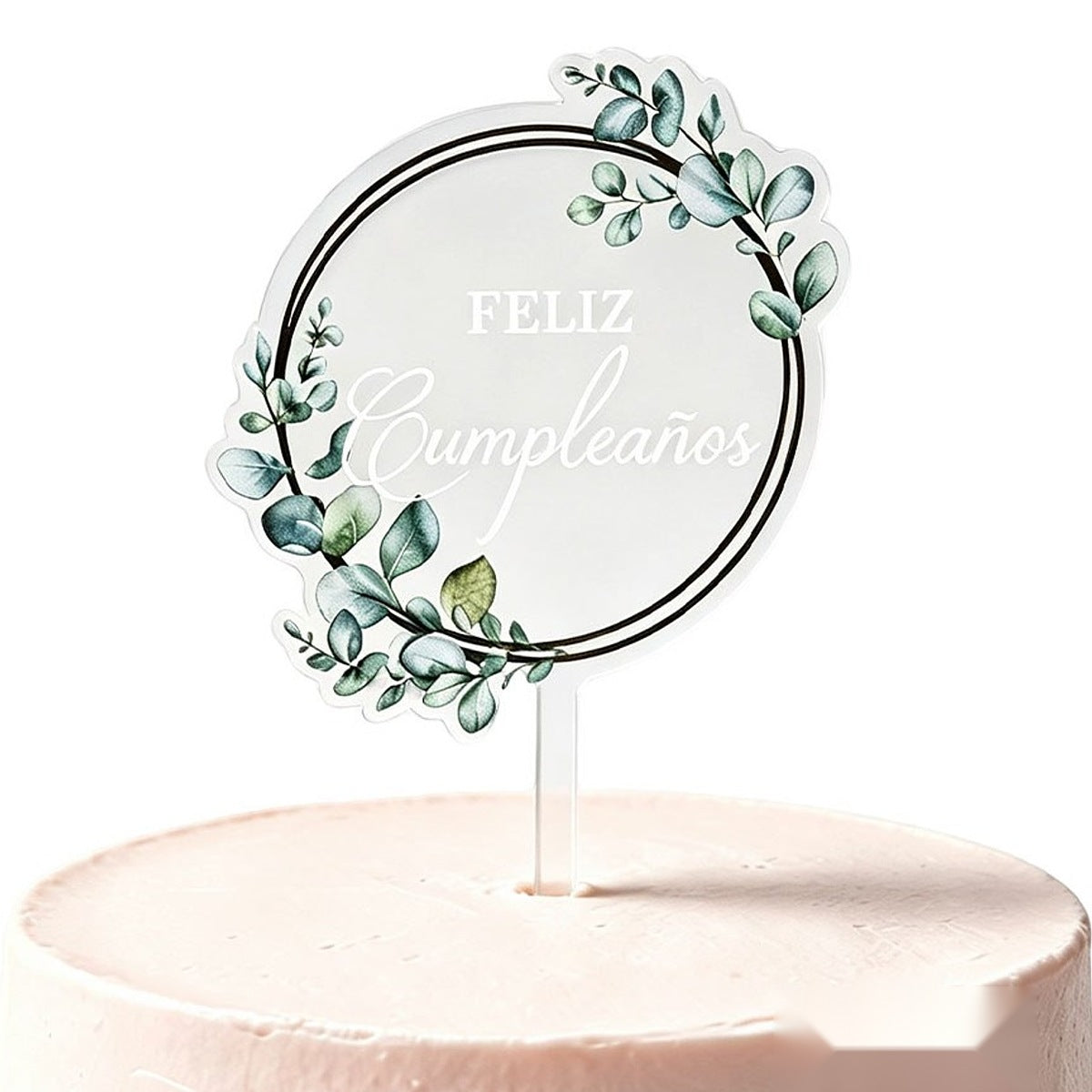 Cake Topper Redondo Eucalipto Feliz Cumpleaños 16,5 x 9,5 cm