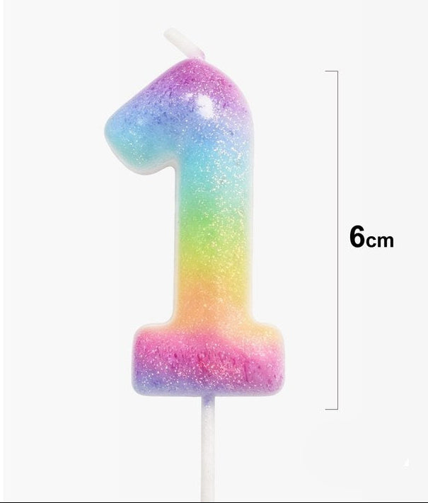 Vela Número Arcoíris Pastel Macaron con Purpurina 6 cm (0-9 y ?)