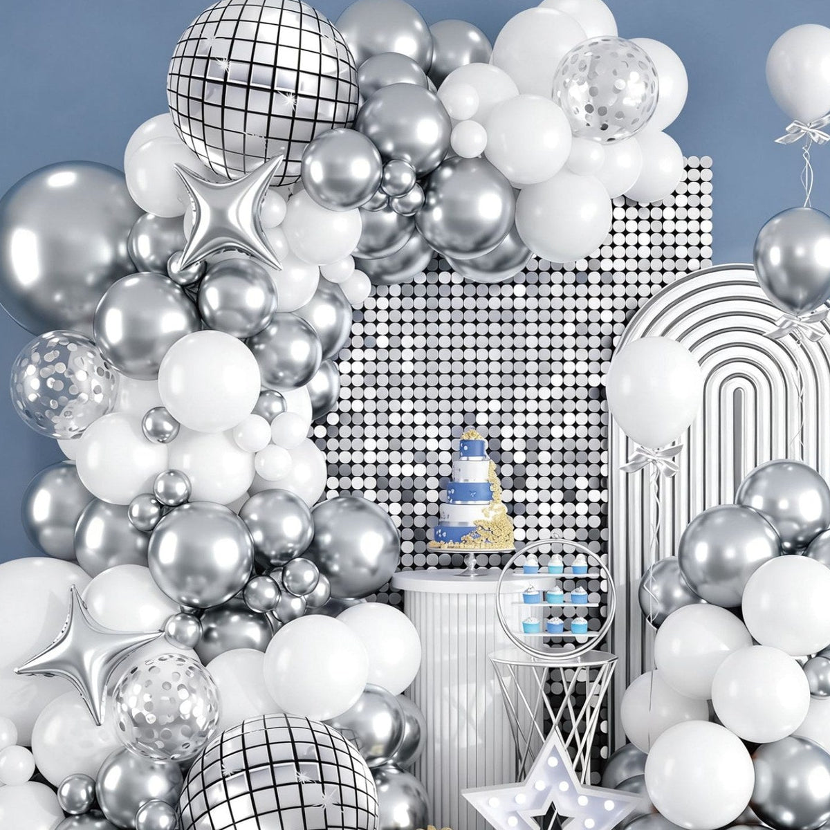 Set Guirnalda de Globos Plata y Blanco con Bolas de Discoteca 79 piezas