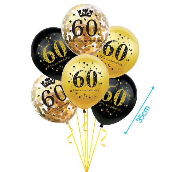 Set 6 Globos Látex Cumpleaños Oro y Negro con 18, 30, 40, 50 y 60 años 30cm