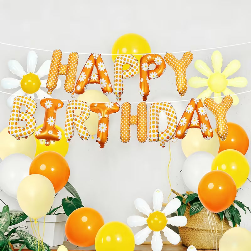 Globos de letras Happy Birthday con margaritas y lunares