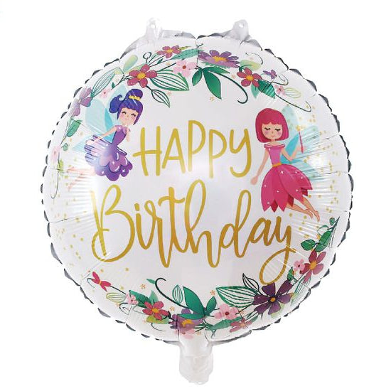 Globo Foil Redondo Hada con Flores Happy Birthday 45 cm