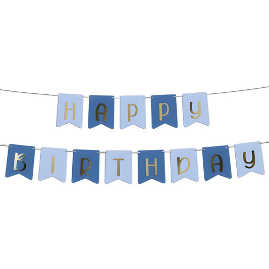 Guirnalda Banderines Happy Birthday Letras Oro 3 m Azul Celeste