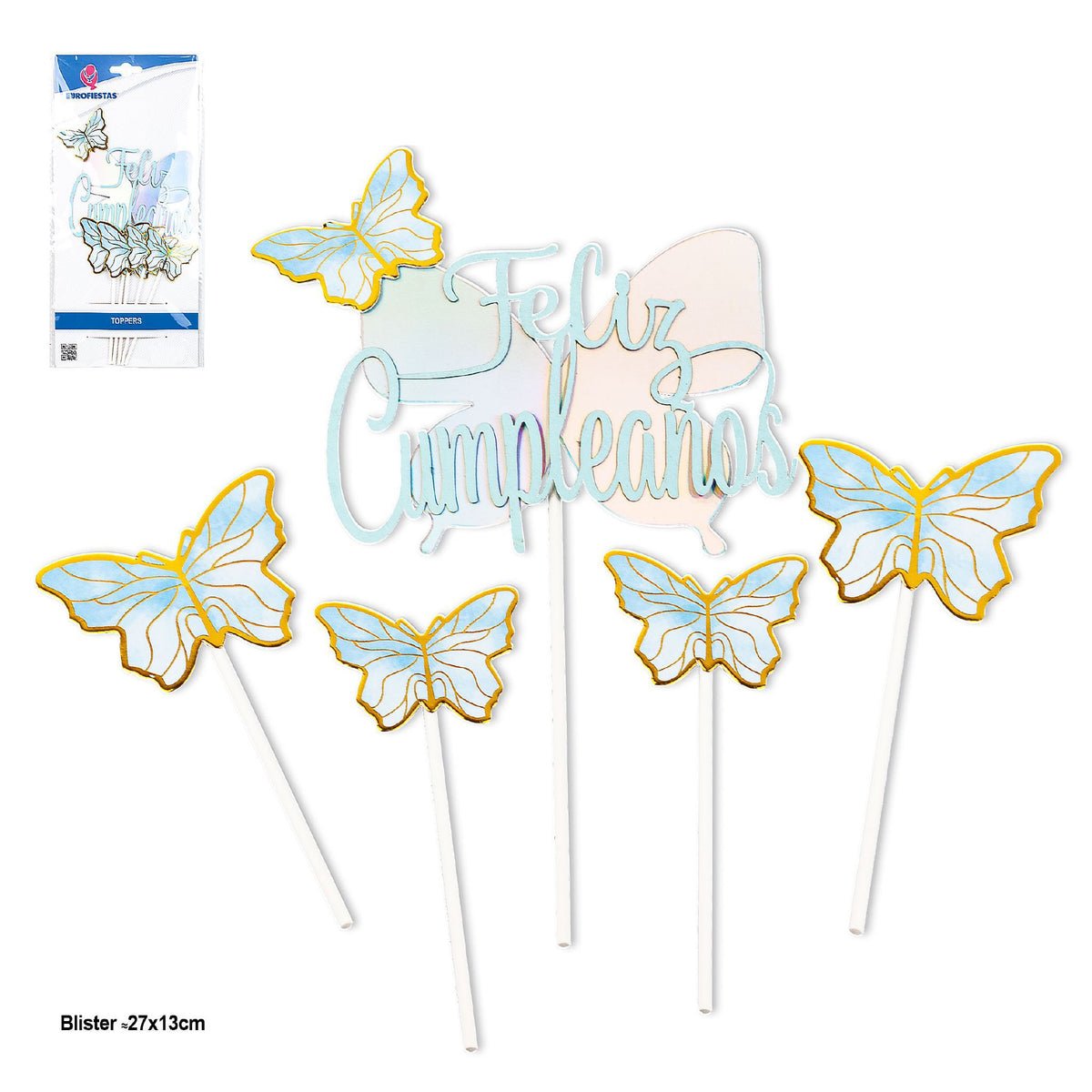 Set Toppers Feliz Cumpleaños Mariposas Iridiscente 5 uds - Azul