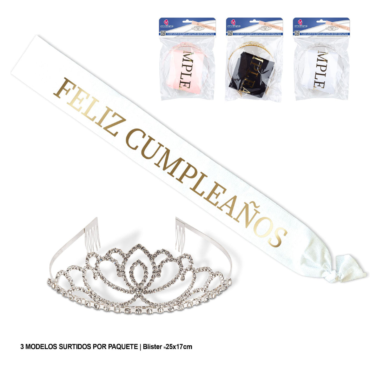 Set Banda Feliz Cumpleaños y Corona Tiara con Strass