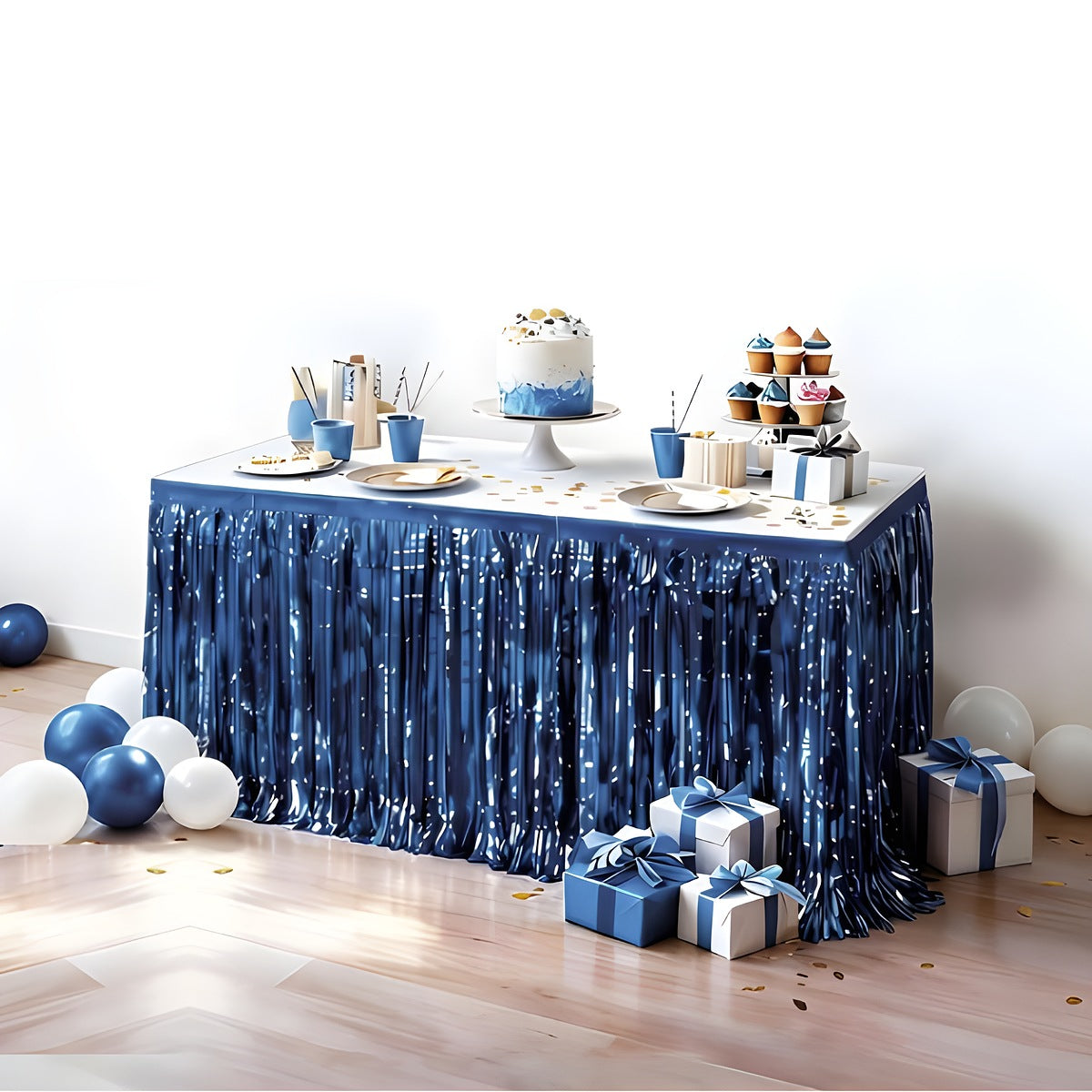 Faldón de Mesa Flecos Metalizados 275x74 cm Azul