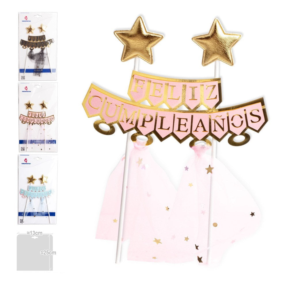 Topper Feliz Cumpleaños Banderines con Estrellas y Tul